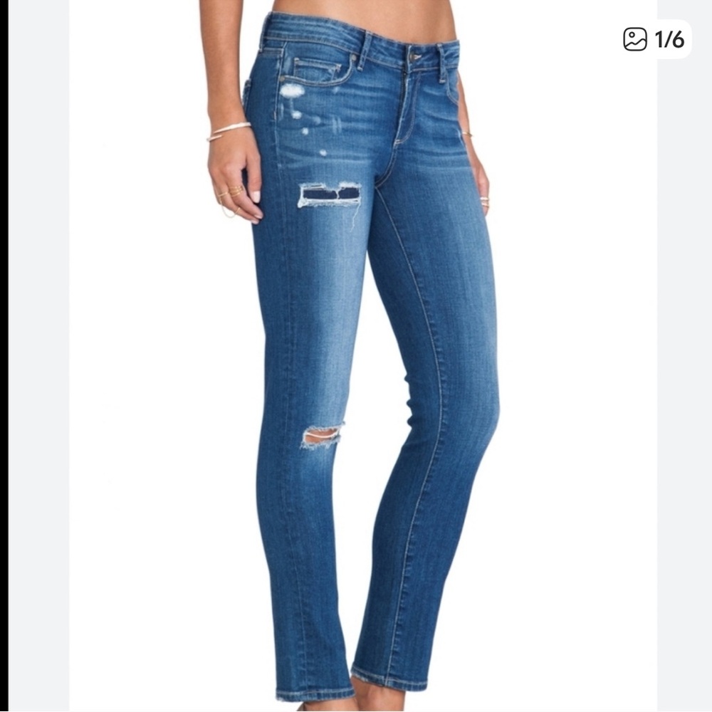 PAIGE Carmen Tear and Repair Distressed Blue Skinny Jeans